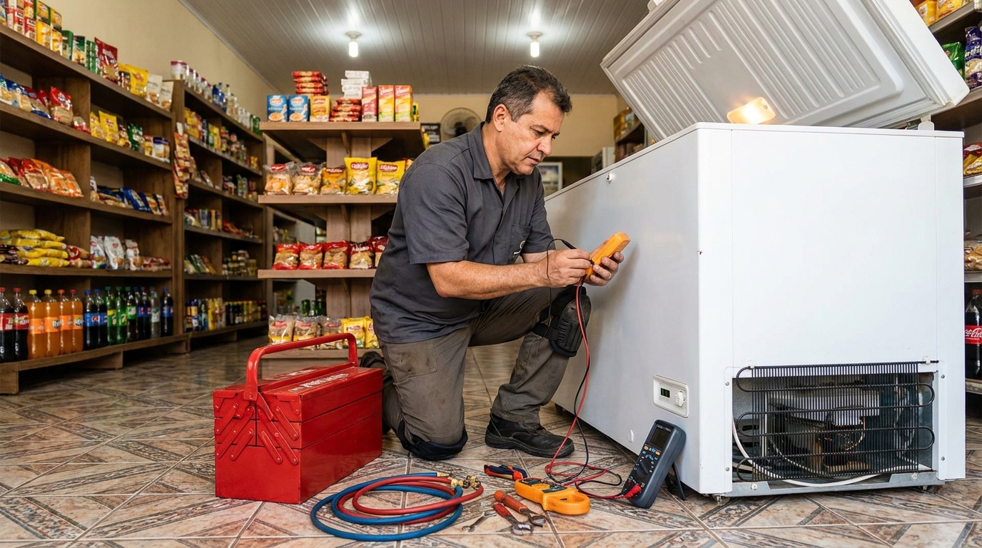 Recarga de gás refrigerante no freezer durante atendimento em Taubaté‑SP