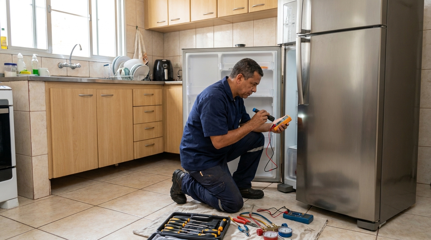Técnico aplicando recarga de gás refrigerante em geladeira em Taubaté‑SP
