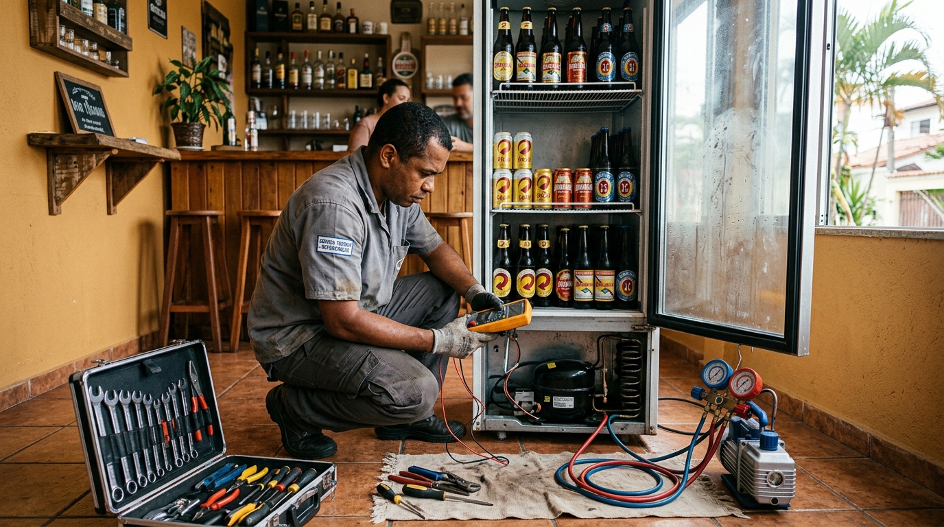 Substituição de termostato de cervejeira em serviço técnico em Taubaté‑SP